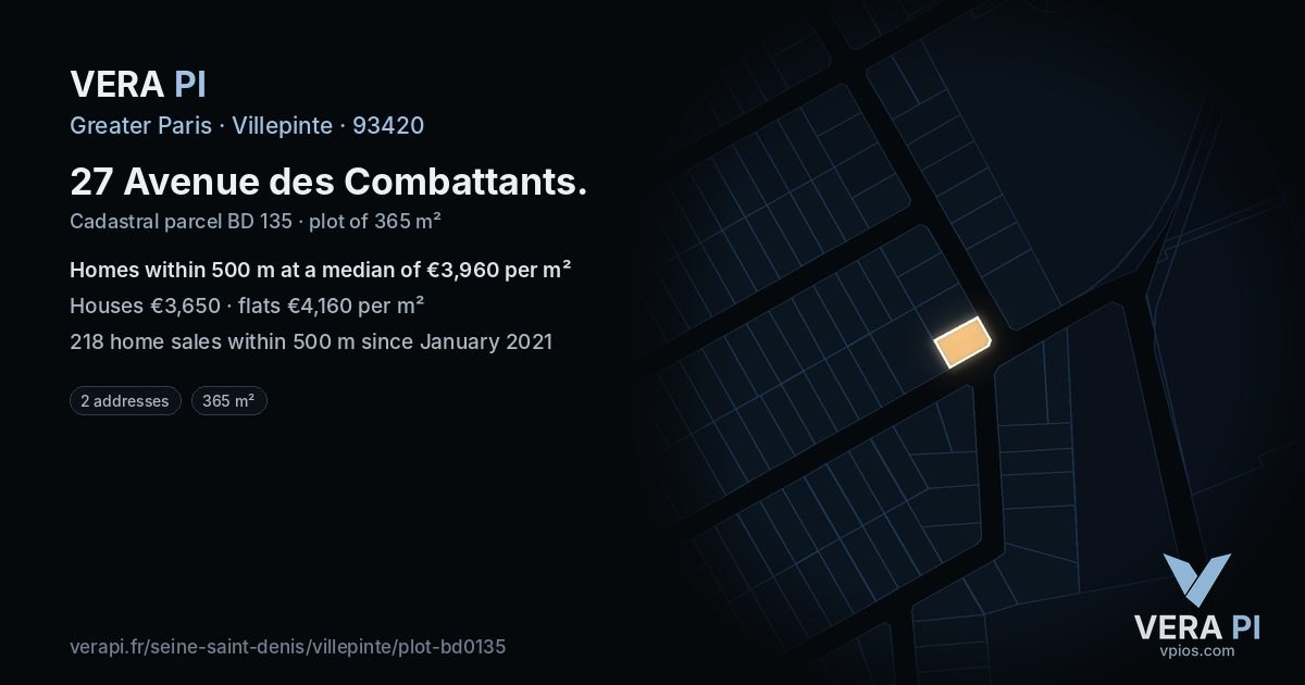 27 Avenue des Combattants, Villepinte at night – the plot lit, the parcels around coloured by the prices near them