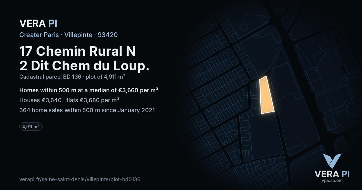 17 Chemin Rural N 2 Dit Chem du Loup, Villepinte at night – the plot lit, the parcels around coloured by the prices near them