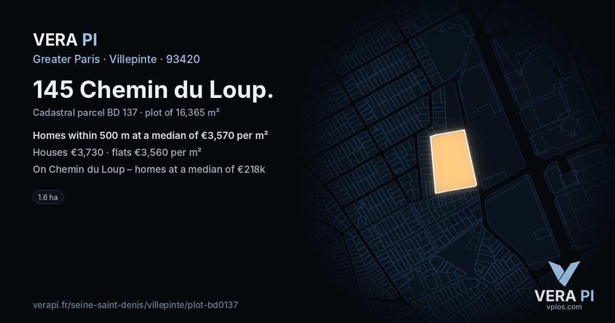 145 Chemin du Loup, Villepinte at night – the plot lit, the parcels around coloured by the prices near them