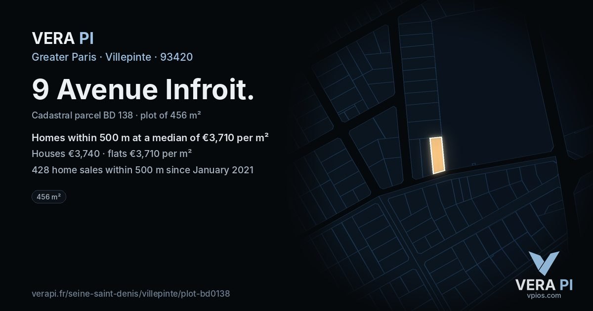 9 Avenue Infroit, Villepinte at night – the plot lit, the parcels around coloured by the prices near them