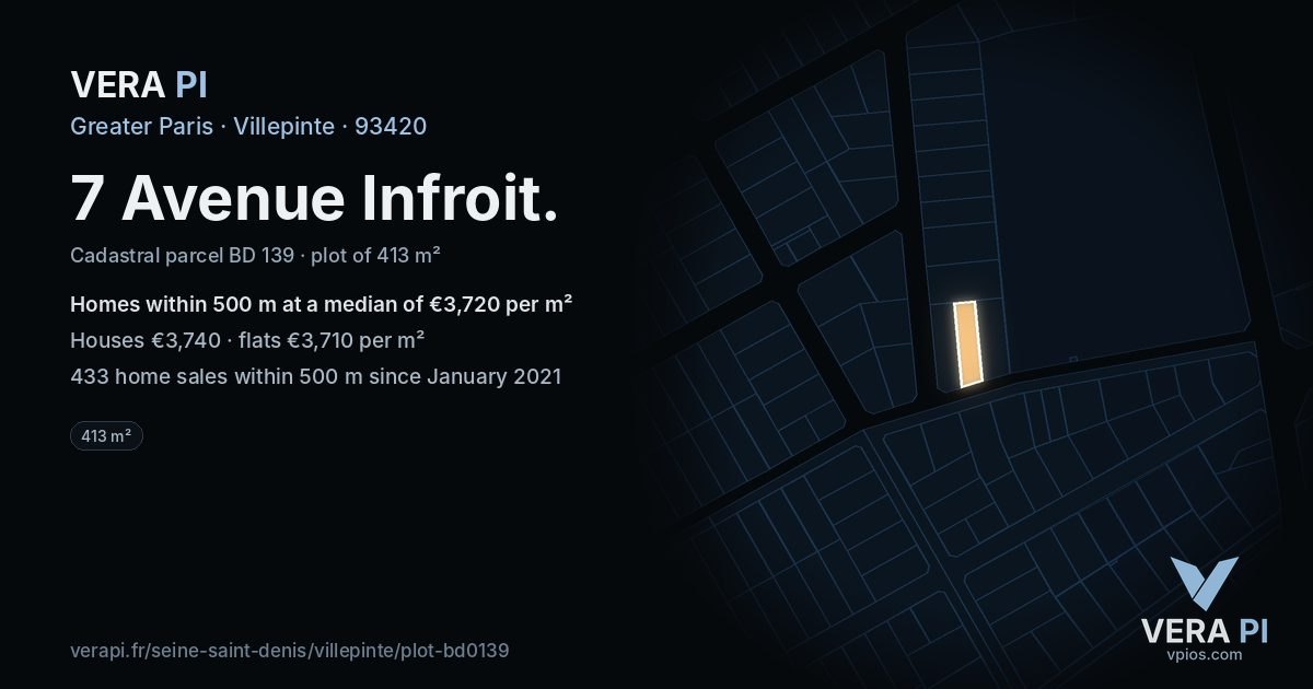 7 Avenue Infroit, Villepinte at night – the plot lit, the parcels around coloured by the prices near them
