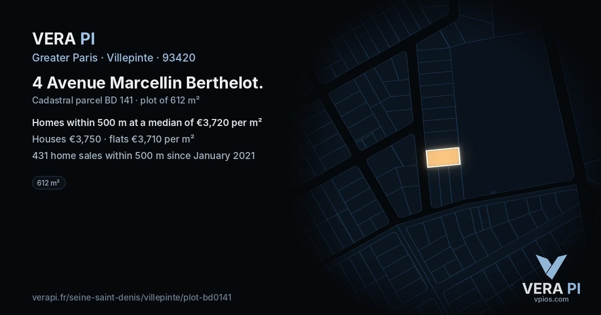 4 Avenue Marcellin Berthelot, Villepinte at night – the plot lit, the parcels around coloured by the prices near them