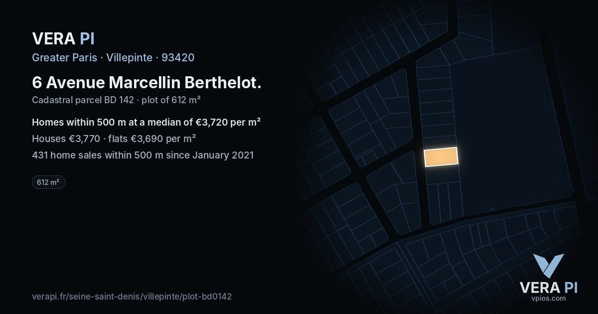 6 Avenue Marcellin Berthelot, Villepinte at night – the plot lit, the parcels around coloured by the prices near them