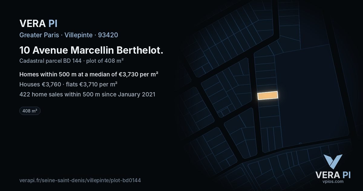10 Avenue Marcellin Berthelot, Villepinte at night – the plot lit, the parcels around coloured by the prices near them