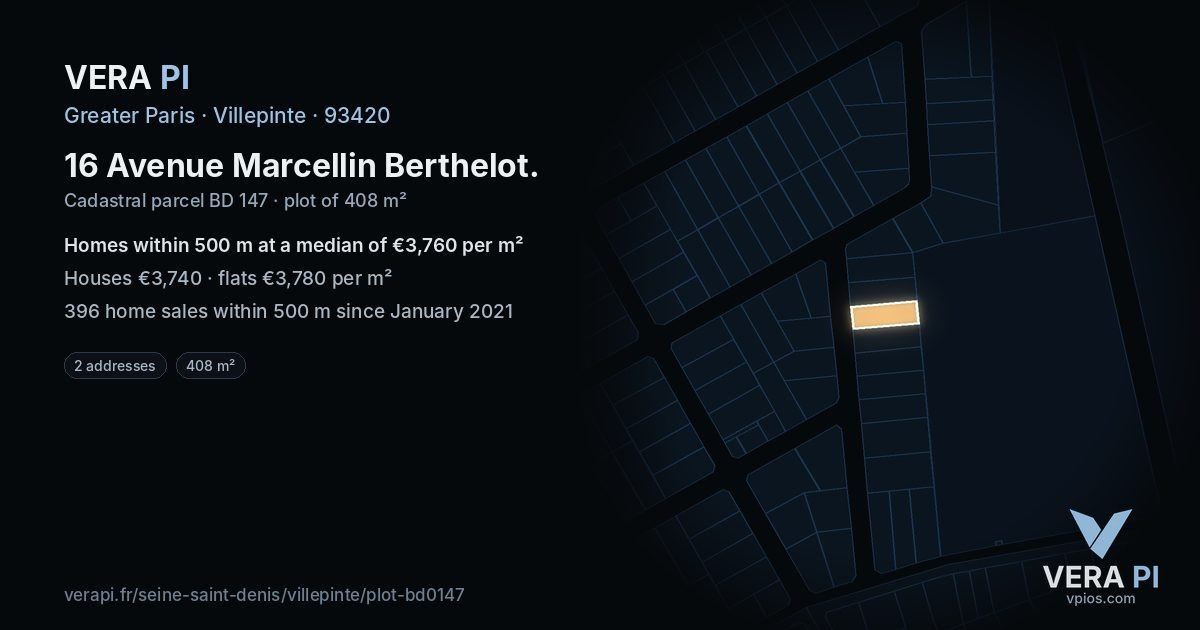 16 Avenue Marcellin Berthelot, Villepinte at night – the plot lit, the parcels around coloured by the prices near them