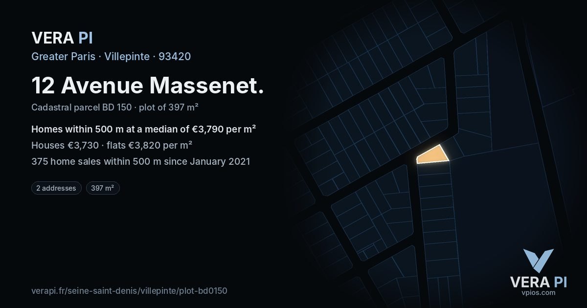 12 Avenue Massenet, Villepinte at night – the plot lit, the parcels around coloured by the prices near them