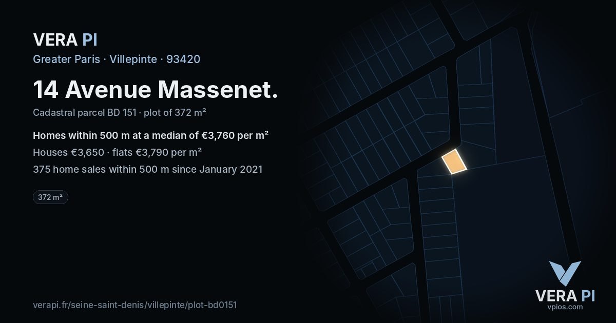 14 Avenue Massenet, Villepinte at night – the plot lit, the parcels around coloured by the prices near them