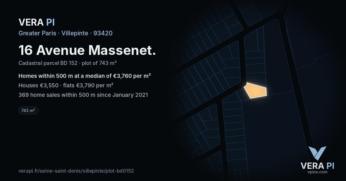16 Avenue Massenet, Villepinte at night – the plot lit, the parcels around coloured by the prices near them