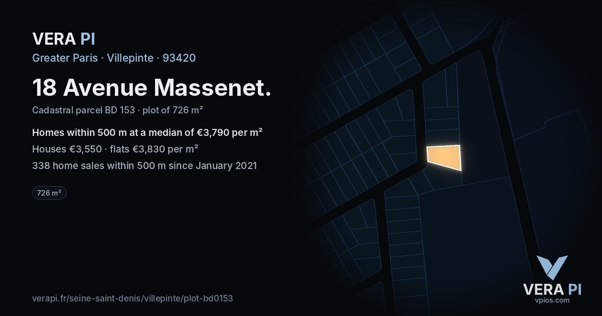 18 Avenue Massenet, Villepinte at night – the plot lit, the parcels around coloured by the prices near them