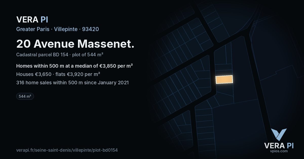 20 Avenue Massenet, Villepinte at night – the plot lit, the parcels around coloured by the prices near them
