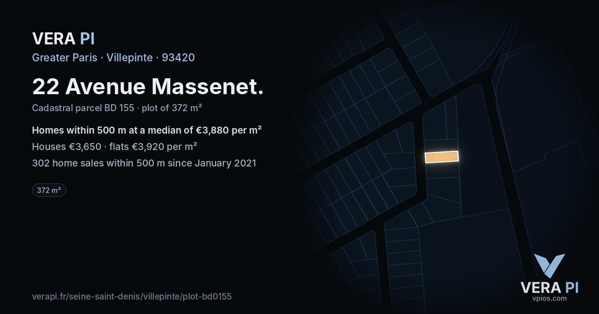 22 Avenue Massenet, Villepinte at night – the plot lit, the parcels around coloured by the prices near them