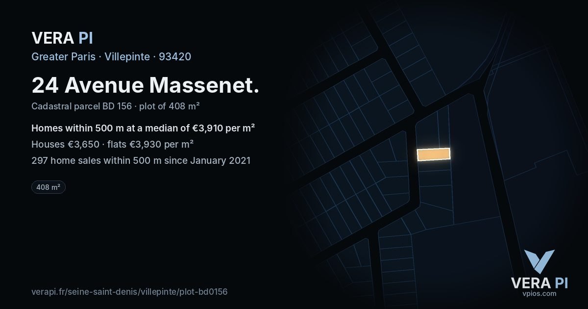 24 Avenue Massenet, Villepinte at night – the plot lit, the parcels around coloured by the prices near them