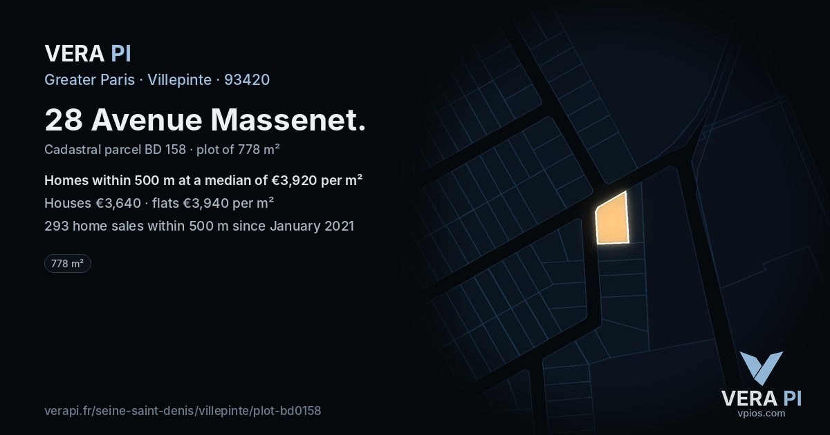 28 Avenue Massenet, Villepinte at night – the plot lit, the parcels around coloured by the prices near them