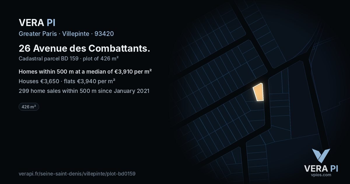 26 Avenue des Combattants, Villepinte at night – the plot lit, the parcels around coloured by the prices near them