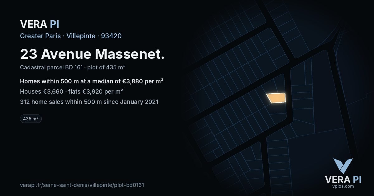 23 Avenue Massenet, Villepinte at night – the plot lit, the parcels around coloured by the prices near them