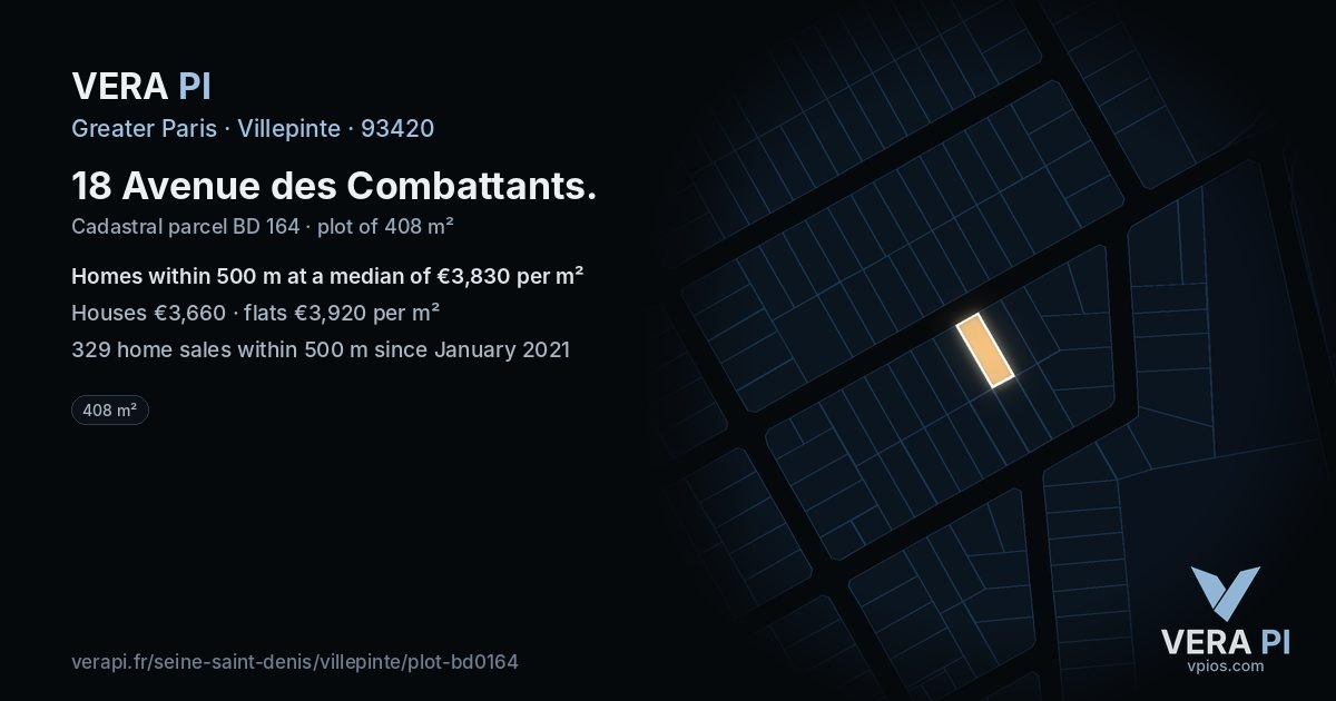 18 Avenue des Combattants, Villepinte at night – the plot lit, the parcels around coloured by the prices near them