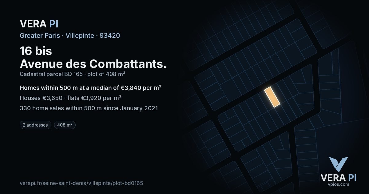 16 bis Avenue des Combattants, Villepinte at night – the plot lit, the parcels around coloured by the prices near them