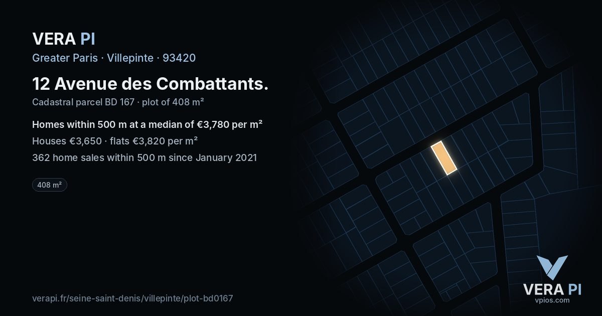 12 Avenue des Combattants, Villepinte at night – the plot lit, the parcels around coloured by the prices near them