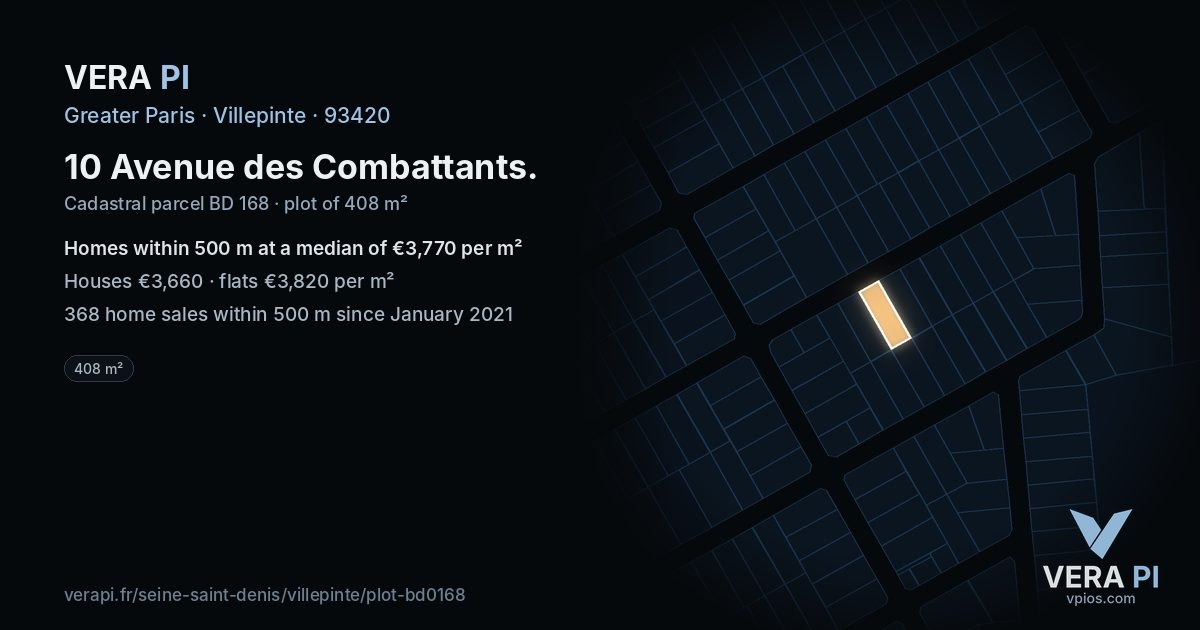 10 Avenue des Combattants, Villepinte at night – the plot lit, the parcels around coloured by the prices near them