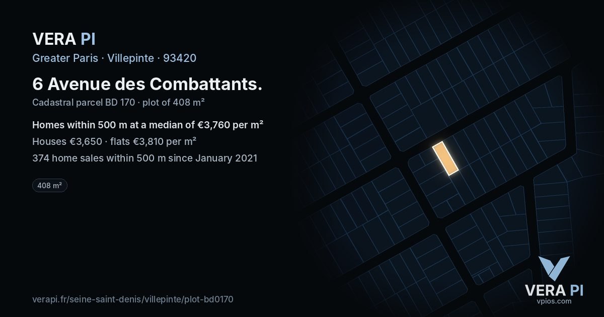6 Avenue des Combattants, Villepinte at night – the plot lit, the parcels around coloured by the prices near them