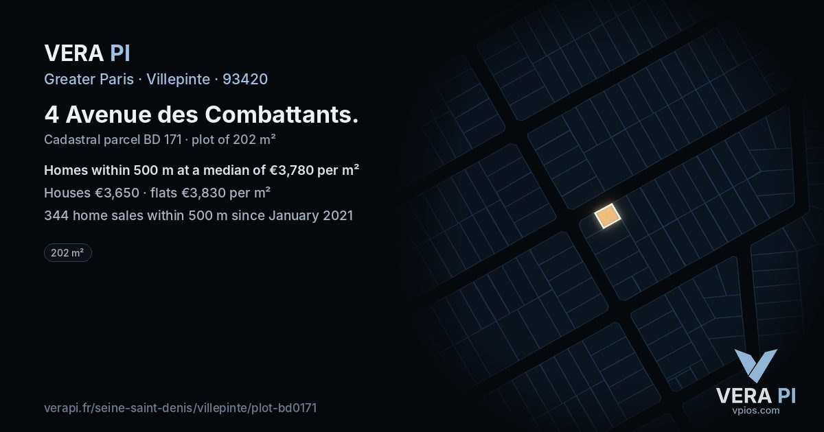 4 Avenue des Combattants, Villepinte at night – the plot lit, the parcels around coloured by the prices near them