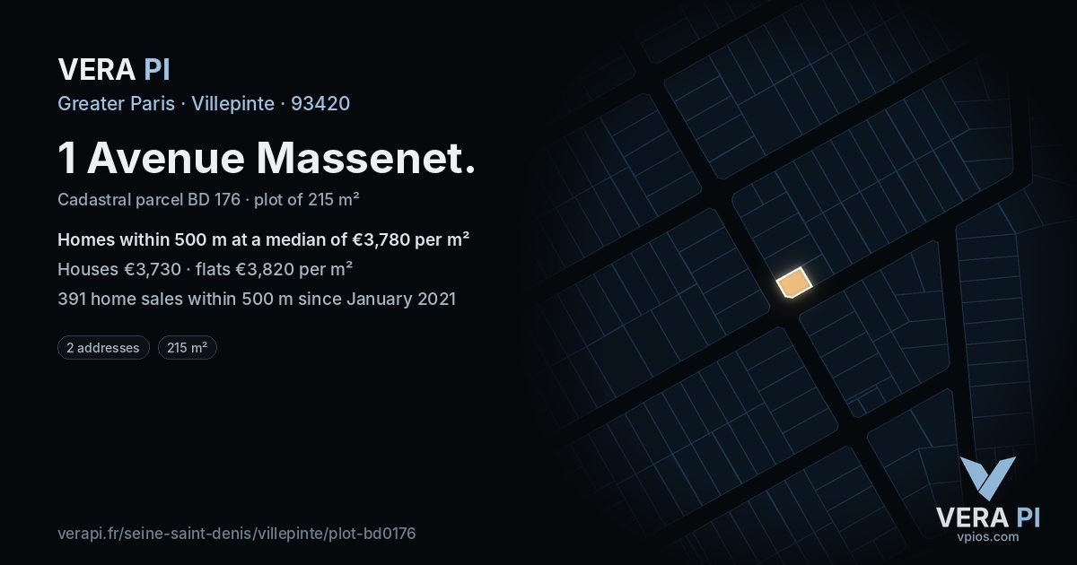 1 Avenue Massenet, Villepinte at night – the plot lit, the parcels around coloured by the prices near them