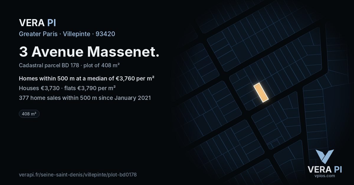 3 Avenue Massenet, Villepinte at night – the plot lit, the parcels around coloured by the prices near them