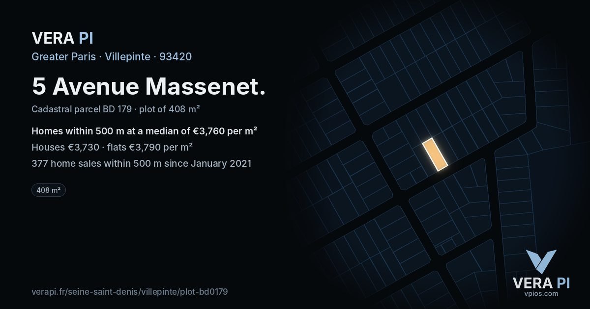 5 Avenue Massenet, Villepinte at night – the plot lit, the parcels around coloured by the prices near them