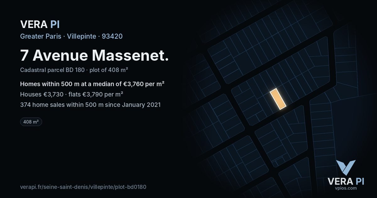 7 Avenue Massenet, Villepinte at night – the plot lit, the parcels around coloured by the prices near them