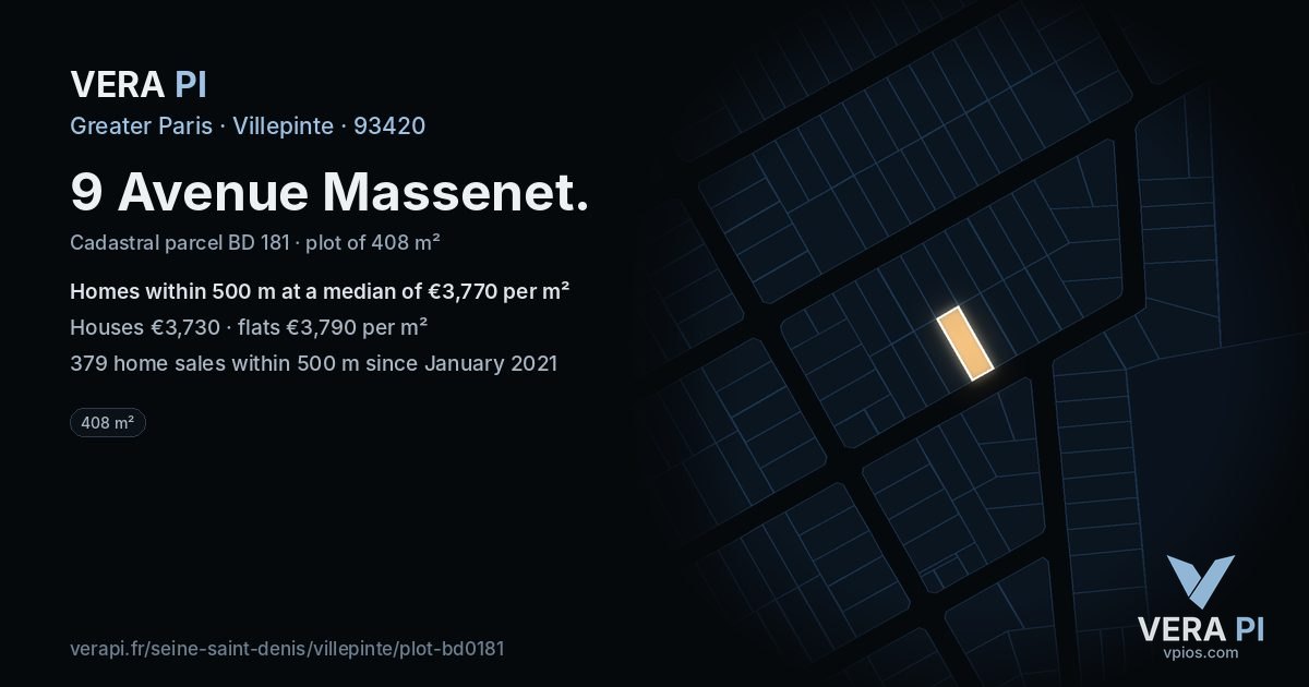 9 Avenue Massenet, Villepinte at night – the plot lit, the parcels around coloured by the prices near them