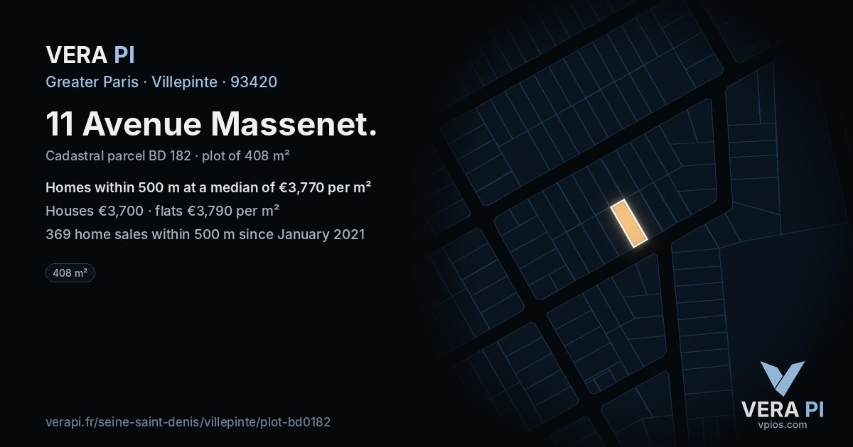 11 Avenue Massenet, Villepinte at night – the plot lit, the parcels around coloured by the prices near them