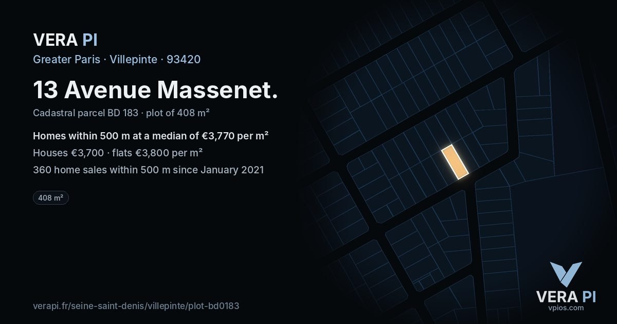 13 Avenue Massenet, Villepinte at night – the plot lit, the parcels around coloured by the prices near them