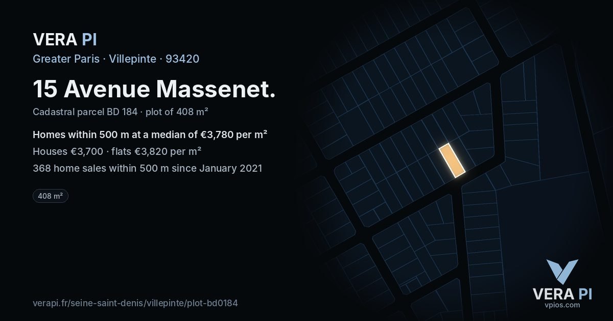 15 Avenue Massenet, Villepinte at night – the plot lit, the parcels around coloured by the prices near them