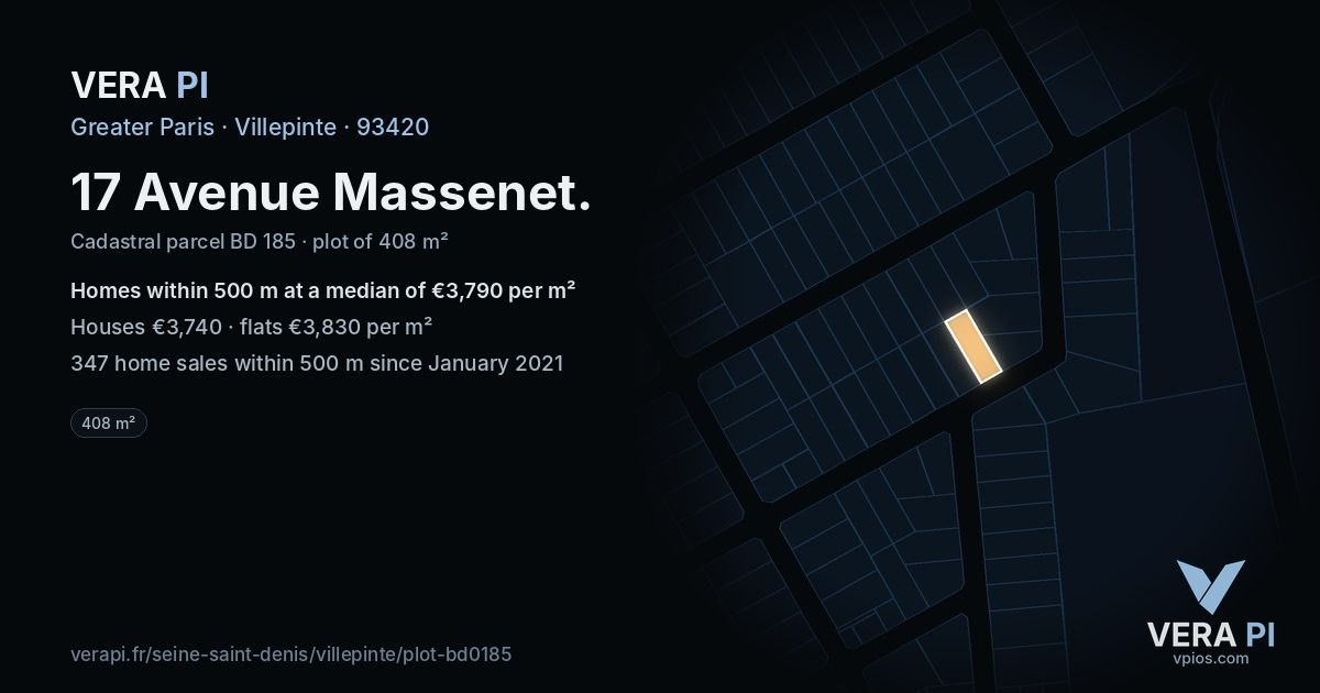 17 Avenue Massenet, Villepinte at night – the plot lit, the parcels around coloured by the prices near them