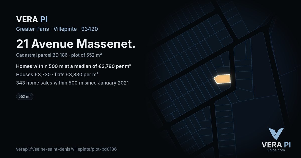 21 Avenue Massenet, Villepinte at night – the plot lit, the parcels around coloured by the prices near them