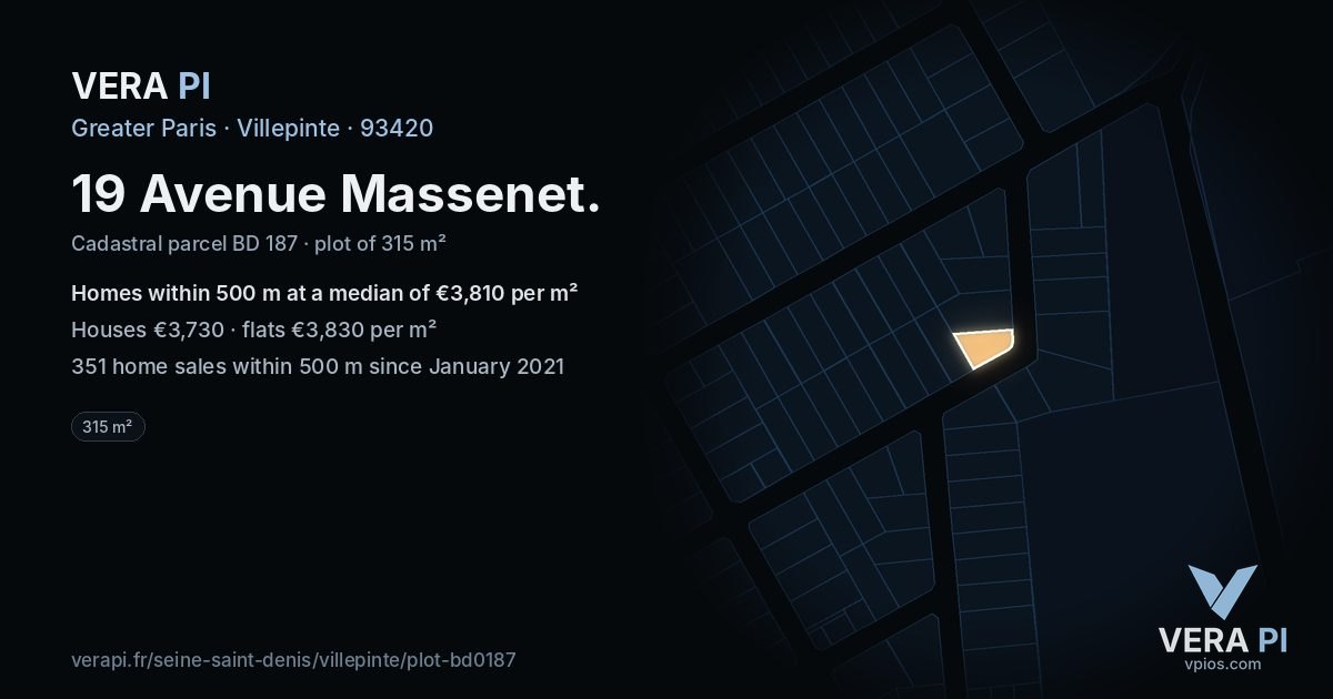 19 Avenue Massenet, Villepinte at night – the plot lit, the parcels around coloured by the prices near them