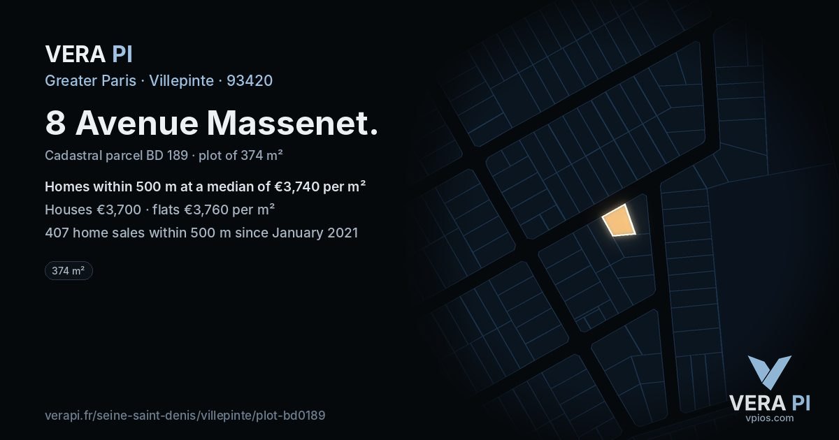 8 Avenue Massenet, Villepinte at night – the plot lit, the parcels around coloured by the prices near them