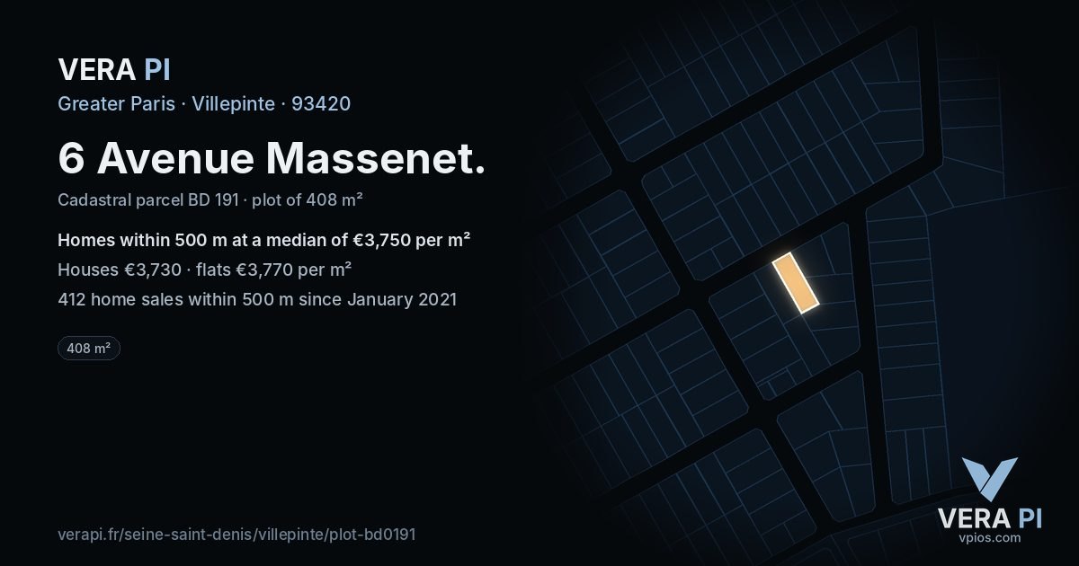6 Avenue Massenet, Villepinte at night – the plot lit, the parcels around coloured by the prices near them