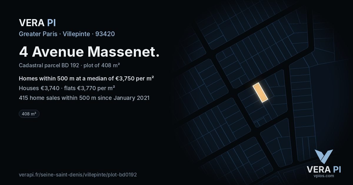 4 Avenue Massenet, Villepinte at night – the plot lit, the parcels around coloured by the prices near them
