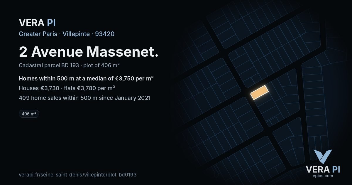 2 Avenue Massenet, Villepinte at night – the plot lit, the parcels around coloured by the prices near them