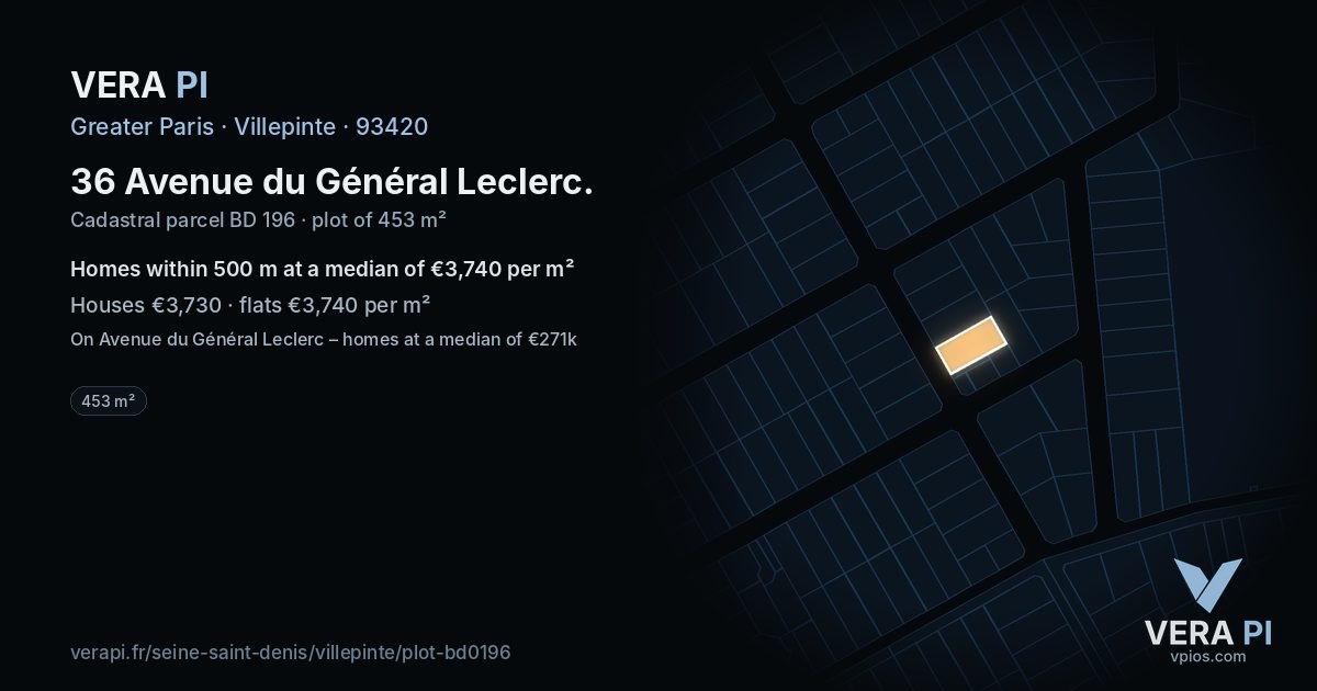 36 Avenue du Général Leclerc, Villepinte at night – the plot lit, the parcels around coloured by the prices near them