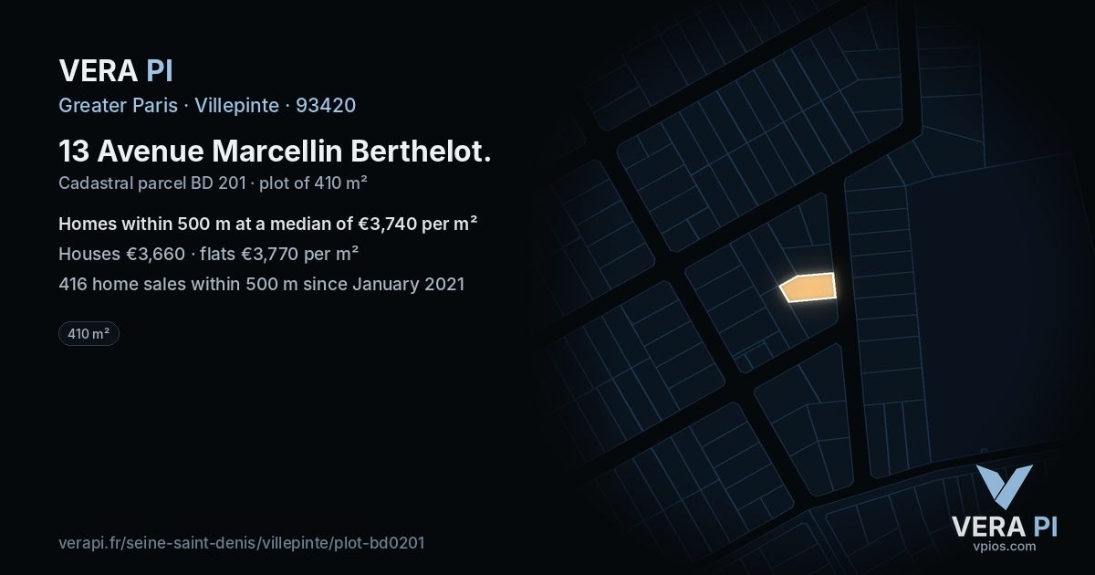 13 Avenue Marcellin Berthelot, Villepinte at night – the plot lit, the parcels around coloured by the prices near them