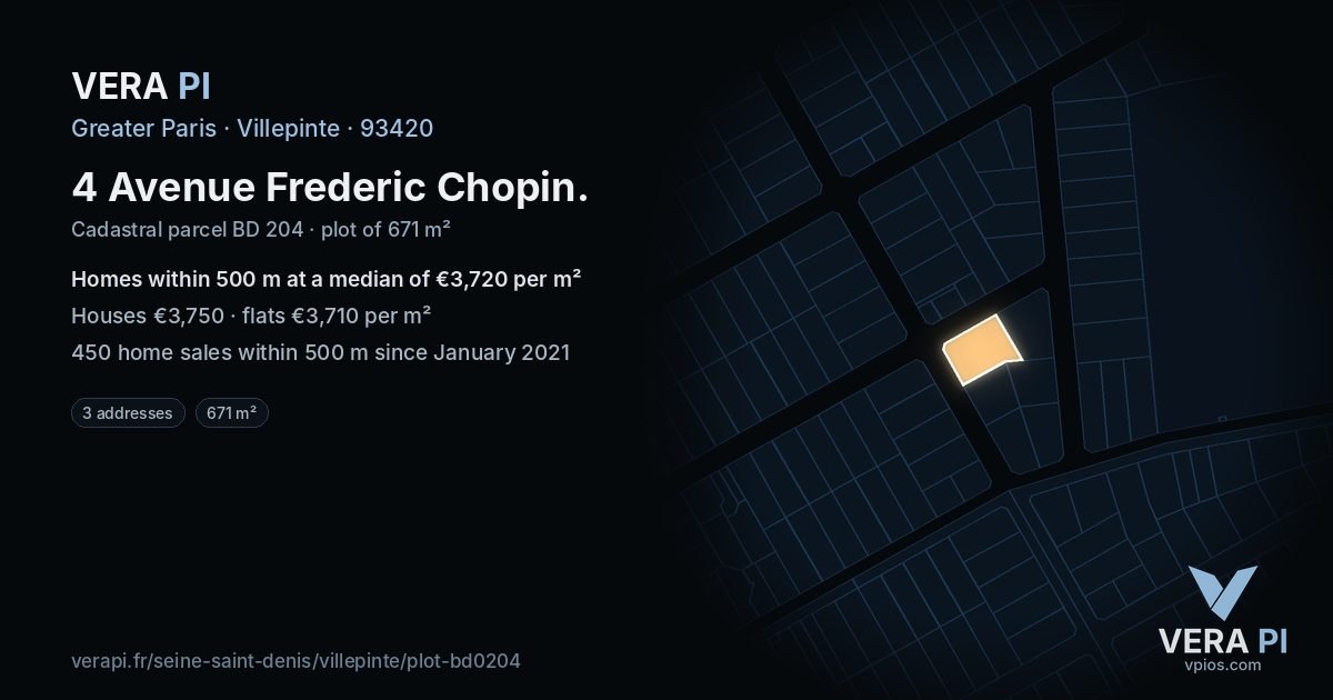 4 Avenue Frederic Chopin, Villepinte at night – the plot lit, the parcels around coloured by the prices near them