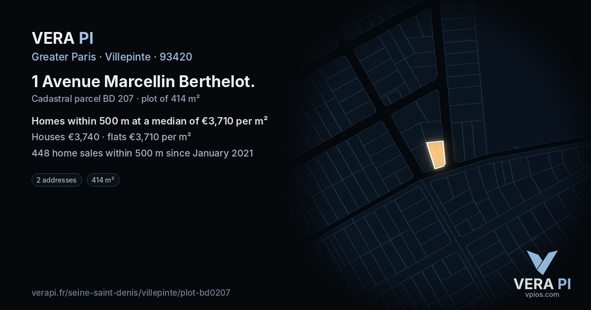 1 Avenue Marcellin Berthelot, Villepinte at night – the plot lit, the parcels around coloured by the prices near them