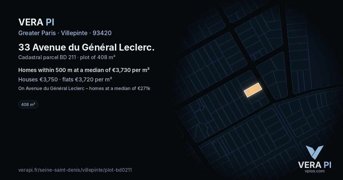 33 Avenue du Général Leclerc, Villepinte at night – the plot lit, the parcels around coloured by the prices near them