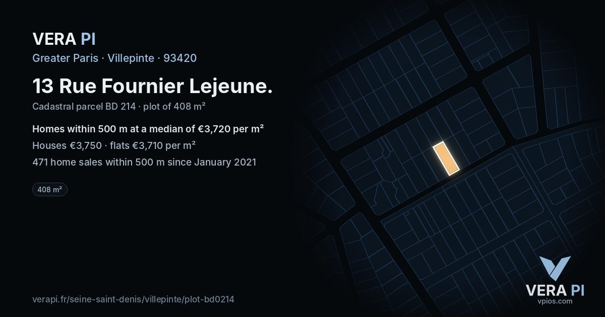 13 Rue Fournier Lejeune, Villepinte at night – the plot lit, the parcels around coloured by the prices near them