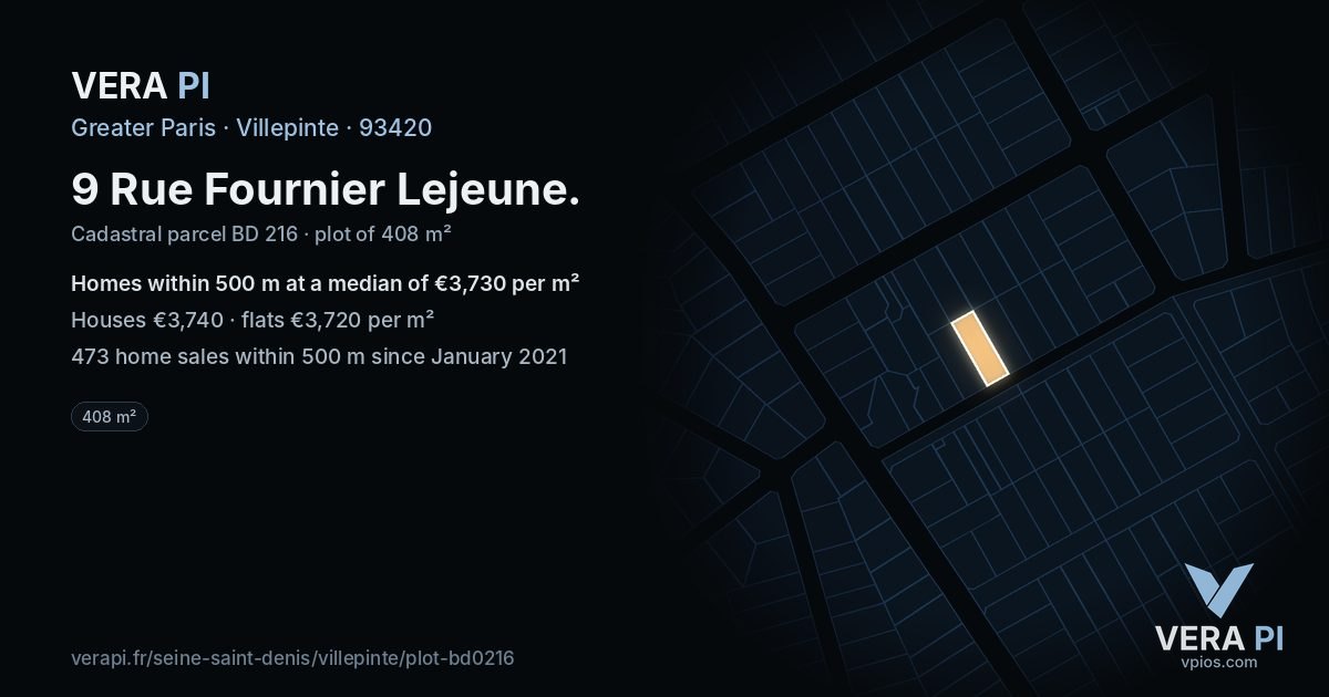 9 Rue Fournier Lejeune, Villepinte at night – the plot lit, the parcels around coloured by the prices near them