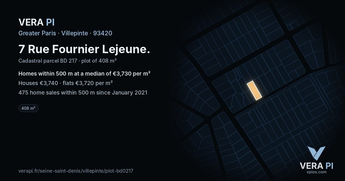 7 Rue Fournier Lejeune, Villepinte at night – the plot lit, the parcels around coloured by the prices near them
