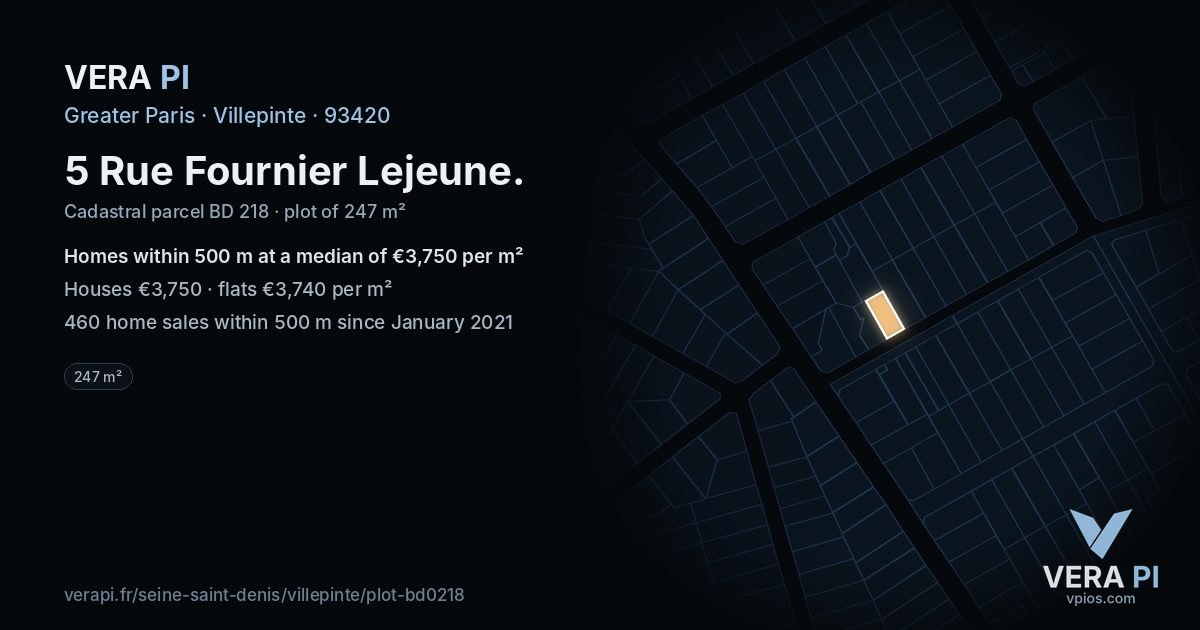 5 Rue Fournier Lejeune, Villepinte at night – the plot lit, the parcels around coloured by the prices near them