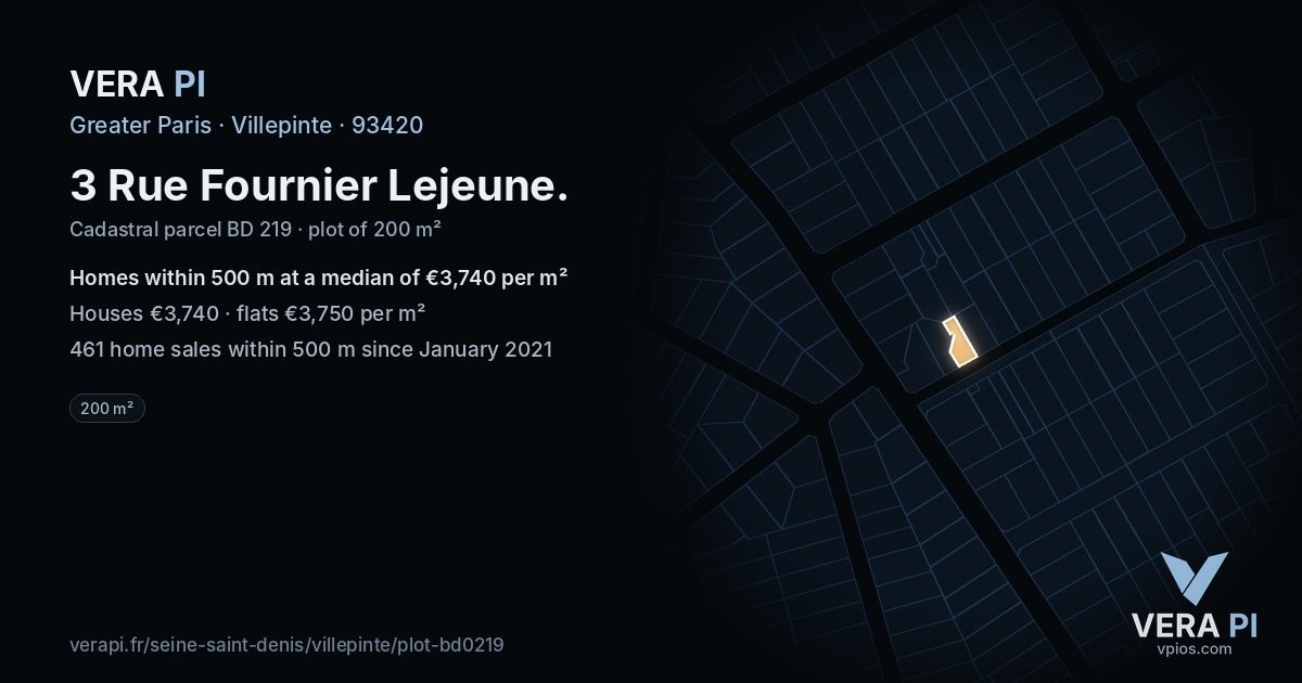 3 Rue Fournier Lejeune, Villepinte at night – the plot lit, the parcels around coloured by the prices near them